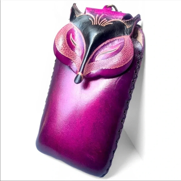 Handmade Genuine Leather Fox Crossbody Phone Bag | Purple Wristlet - Picture 2 of 7